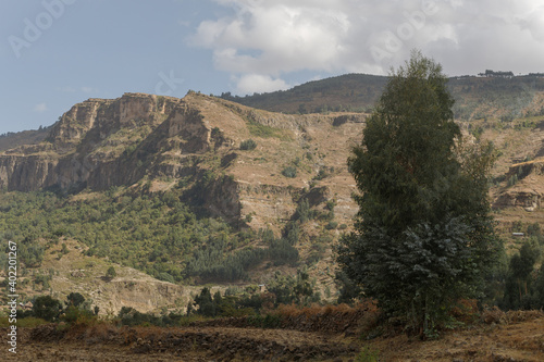 summer landscape in the dry period of Ethiopia on the mountains photo