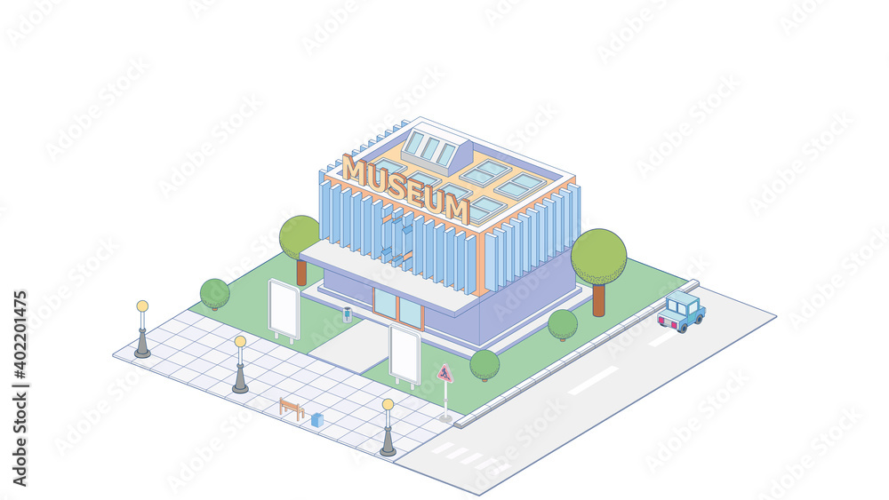 Vector isometric modern museum building with bench