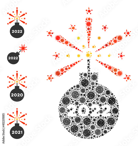 2022 fireworks detonator covid mosaic icon. 2022 fireworks detonator collage is formed of scattered covid particles. Bonus pictograms are added. Flat style.