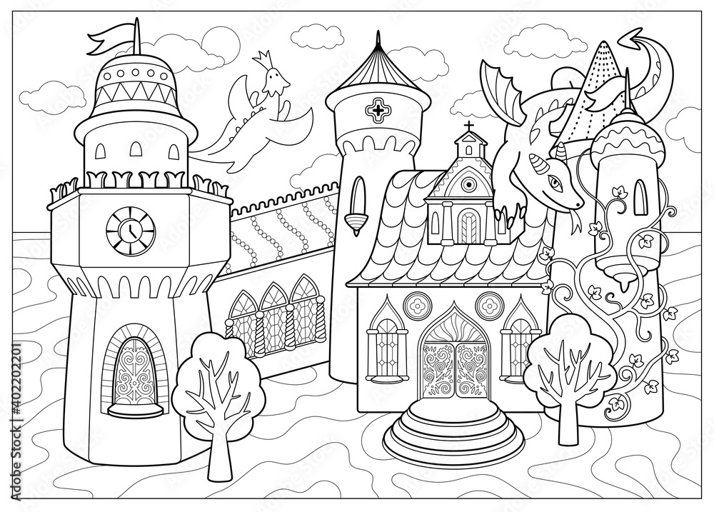 Antistress coloring book magic castle with dragons. Fantasy vector illustration on a fairy-tale theme.