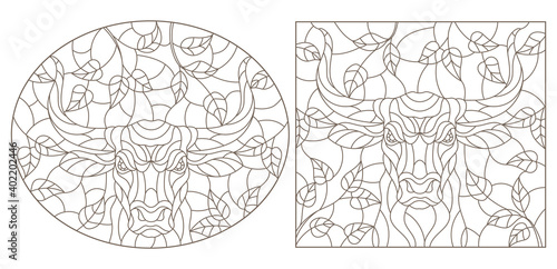 Set of contour illustrations in stained glass style with portraits of bulls, dark contours on a white background