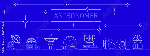 Astronomer science. Vector icons set of Astrophysics concept. Line symbol of telescope for observatory emblem, astronomy concept logo design. Contour illustrations telescopes in trendy minimal style.