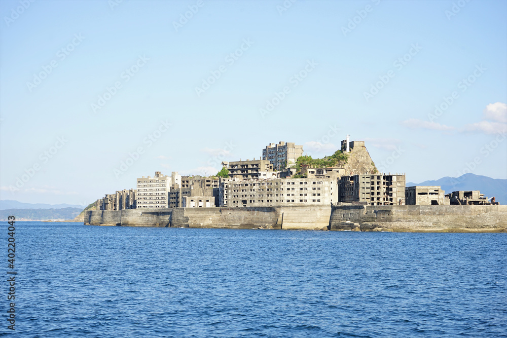 View of Gunkanjima or Battleship island, Ghost Island, from ferry boat in Nagasaki, Japan - 長崎 軍艦島 View of Gunkanjima or Battleship island, Ghost Island, from ferry boat in Nagasaki, Japan - 長崎 軍艦島