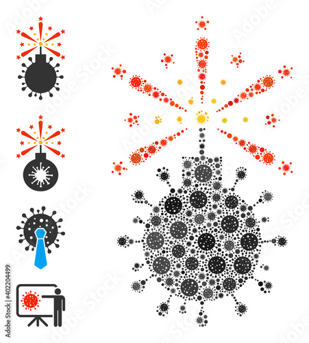 Coronavirus bomb detonator virus mosaic icon. Coronavirus bomb detonator collage is constructed from random viral icons. Bonus icons are added. Flat style.