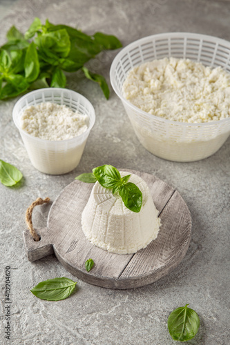 Homemade whey ricotta cheese or cottage cheese with basil ready to eat. Vegetarian healthy, nutritious diet food on a light background