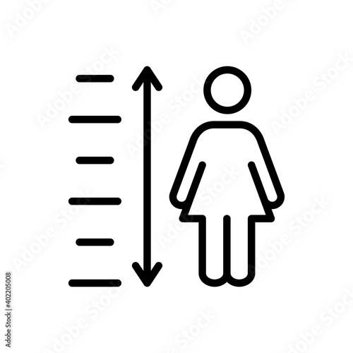 Medir la altura. Icono silueta mujer con regla y flechas con lineas en color negro