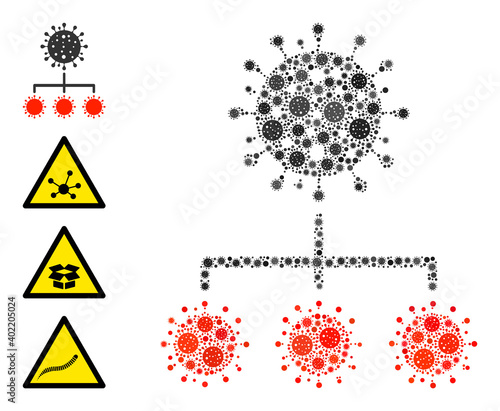 Covid replication covid virus mosaic icon. Covid replication collage is created with randomized covid icons. Bonus icons are added. Flat style.
