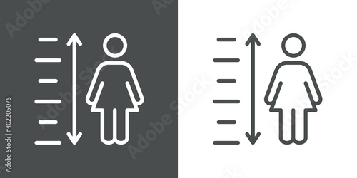 Medir la altura. Icono silueta mujer con regla y flechas con lineas en fondo gris y fondo blanco