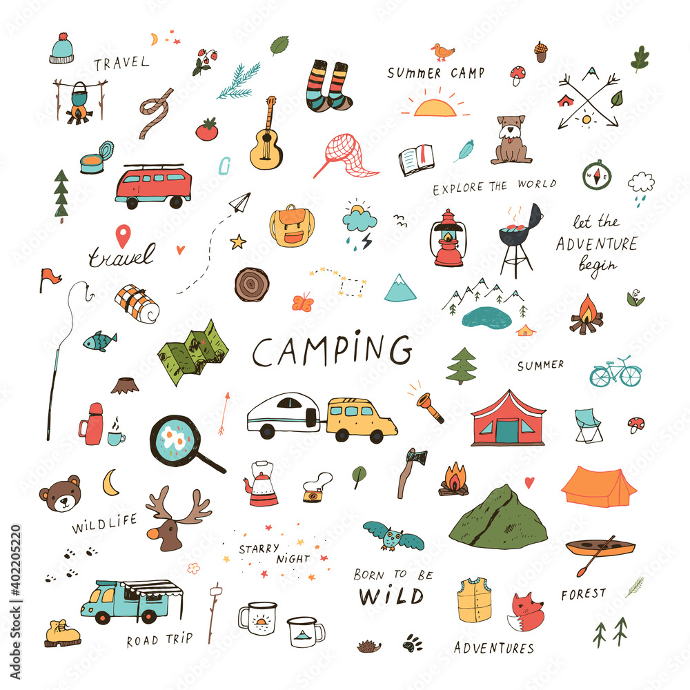 Fototapeta premium travel camping hand drawn vector illustrations set