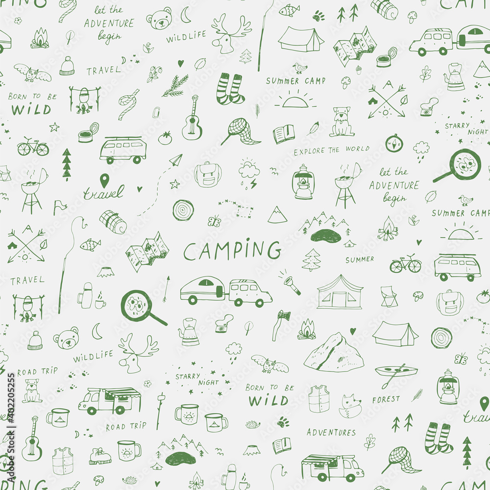 travel camping hand drawn vector seamless pattern