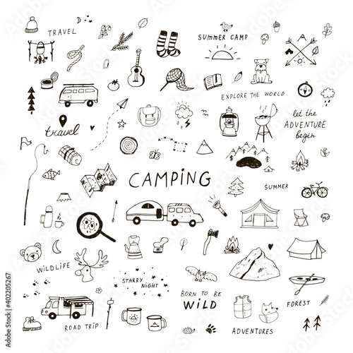 travel camping hand drawn vector illustrations set