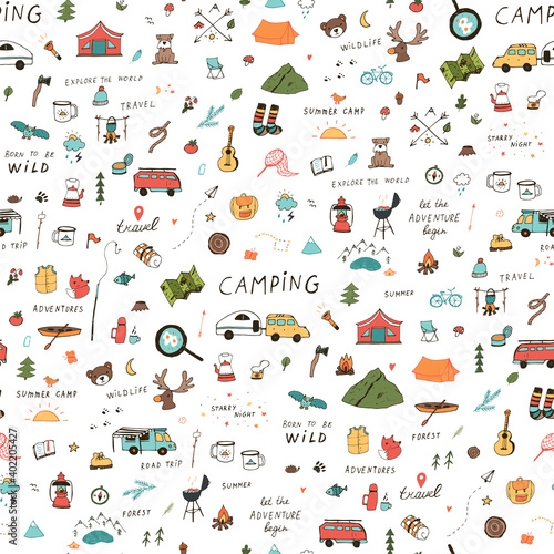 travel camping hand drawn vector seamless pattern