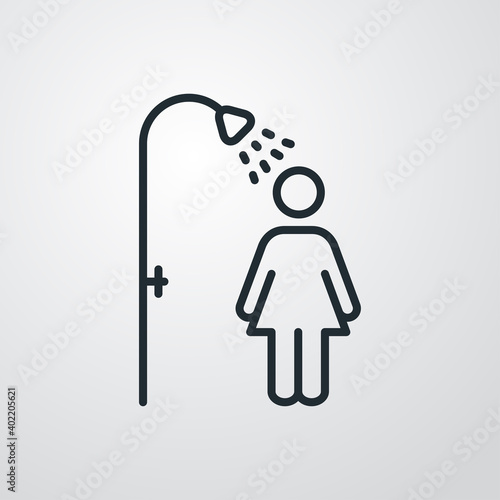 Aseo personal. Icono silueta mujer en la ducha con lineas en fondo gris photo