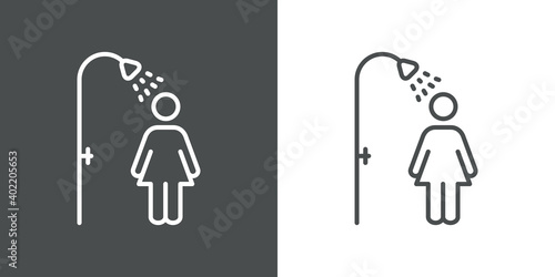 Aseo personal. Icono silueta mujer en la ducha con lineas en fondo gris y fondo blanco photo