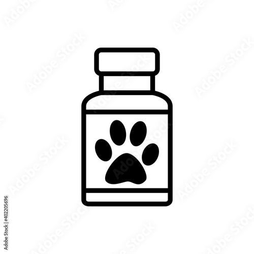 Asistencia sanitaria para mascotas. Logotipo bote de medicinas con zarpa de gato en color negro