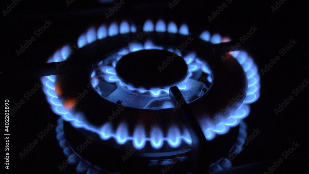 Gas Stove Turned On and Off with Blue Flames Fire in the Dark Gas Stove Turned On and Off with Blue Flames Fire in the Dark