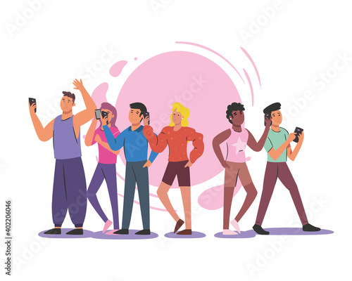 group of people with smartphones vector design