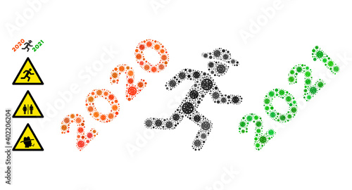 Gentleman run to 2021 bacteria mosaic icon. Gentleman run to 2021 collage is done from random bacteria icons. Bonus pictograms are added. Flat style.