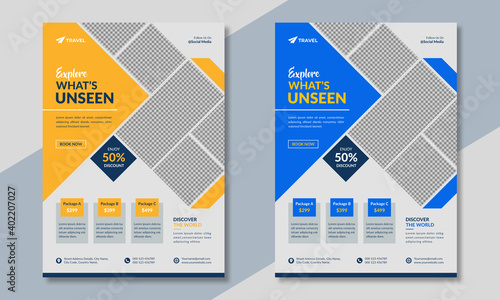 Travel company business promotion flyer template in blue & orange color. Travelling poster with tour agency logo. Summer holiday travel banner design. Creative & modern tourism offer marketing flyer.