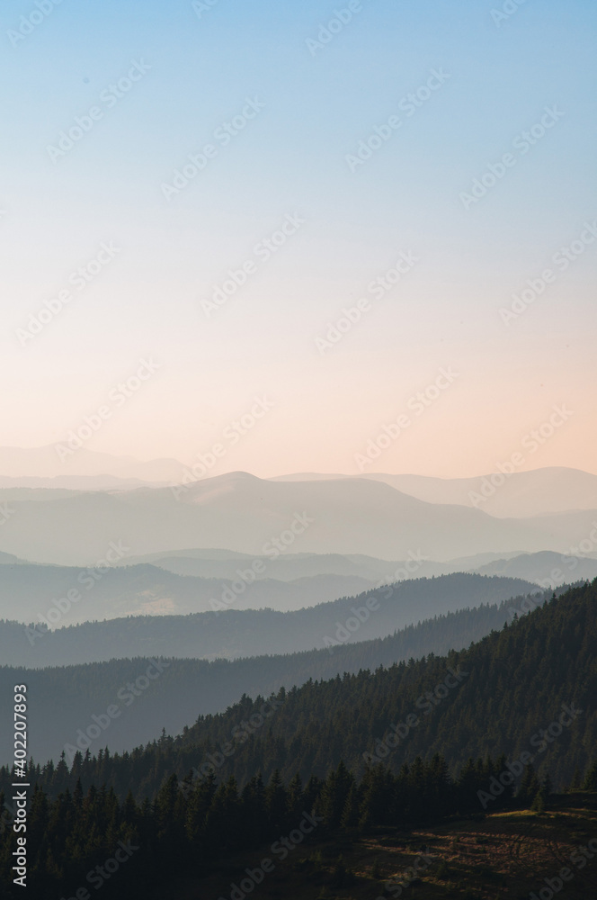 Carpathian mountains. Sunbeams thru forest. Mountain silhoettes. Ridgeline