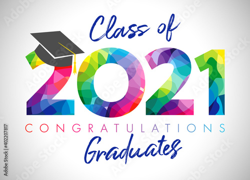Class of 2021 year graduation banner, awards concept. Class off holiday colour invitation card. 3D digits 20, 21. Isolated abstract graphic design template. Brush stroke calligraphy. White background.