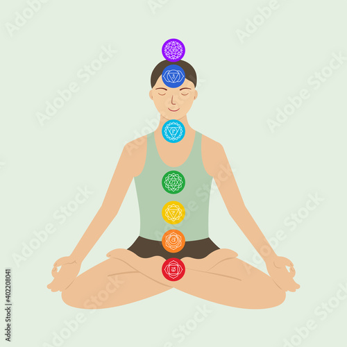 Stay at home and relax. Man in a lotus pose doing yoga exercises during quarantine. Meditation. Chakras: muladhara, swadhisthana, manipura, anahata, vishuddha, ajna, sahasrara. Hobby on isolation