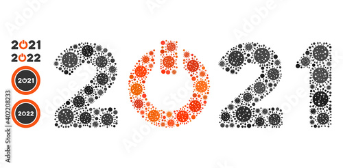Start 2021 caption covid mosaic icon. Start 2021 caption collage is formed with scattered covid pictograms. Bonus pictograms are added. Flat style.