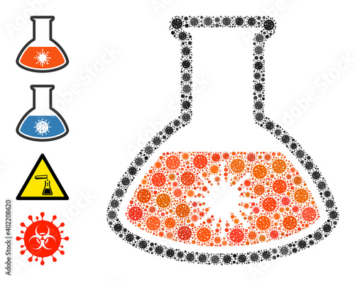 Virus analysis retort coronavirus mosaic icon. Virus analysis retort collage is organized from random coronavirus icons. Bonus icons are added. Flat style.