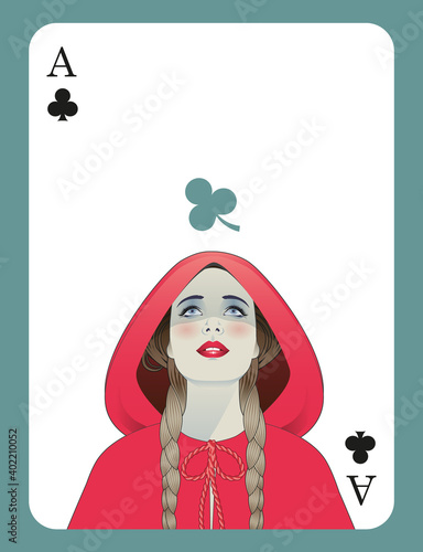 Ace of clubs inspired by the story of Little Red Riding Hood. Little Red Riding Hood looking up with a club on her head.