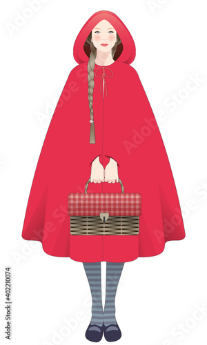 Little Red Riding Hood, braids hairstyle, holding a basket, isolated on white background