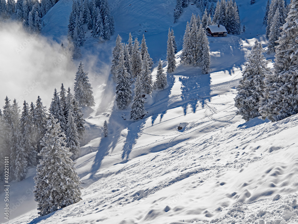 Snow-covered foothills of the Alps in Switzerland