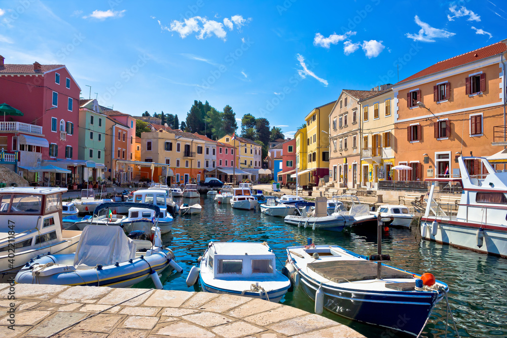 Summer viev of Veli Losinj colorful waterfront and harbor