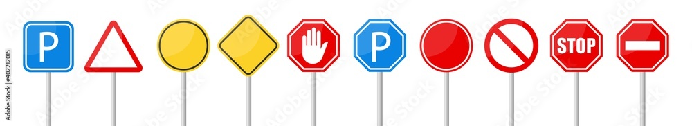 Road sign in realistic style isolated on white background. Set danger warning signs. Blank traffic template. Flat vector illustration. Road sign in realistic style isolated on white background. Set danger warning signs. Blank traffic template. Flat vector illustration.