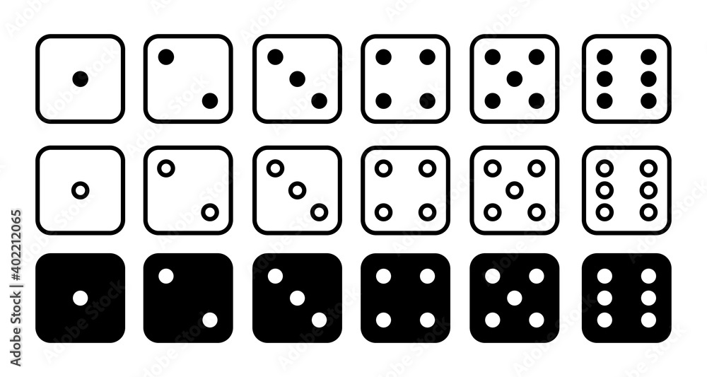 Dice set vector icon. Game dice. Six faces of cube isolated on white background. Illustration for game design. Dice set vector icon. Game dice. Six faces of cube isolated on white background. Illustration for game design.