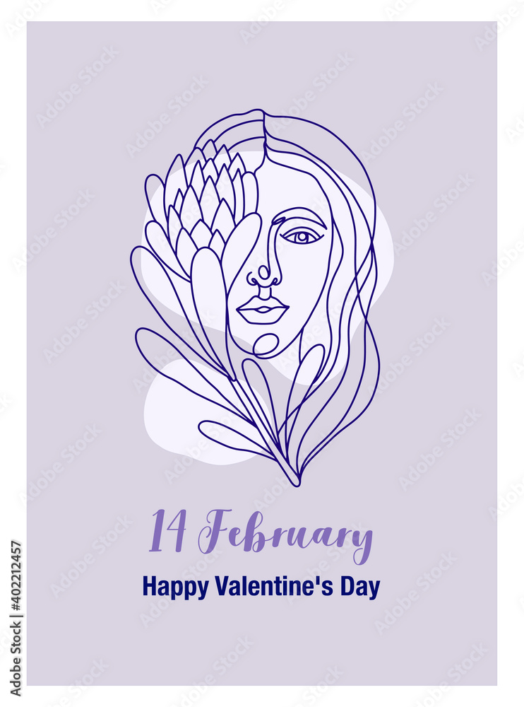 Postcard with illustration girl with protea. Line art illustration on a purple background. Abstract trending postcard for print and gift for valentine s day february 14 Postcard with illustration girl with protea. Line art illustration on a purple background. Abstract trending postcard for print and gift for valentine s day february 14
