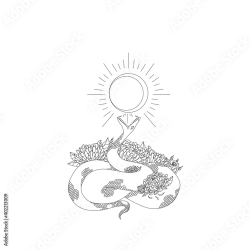 Line art of celestial snake serpentine upon poeny flower rise it head to devour the sun suitable for clothes pattern or tattoo, etc.