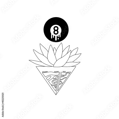Line art of 8 Ball floating upon lotus that above water triangle shape as the unpredicted fate but still prosper one suitable for make pattern or tattoo, etc.
