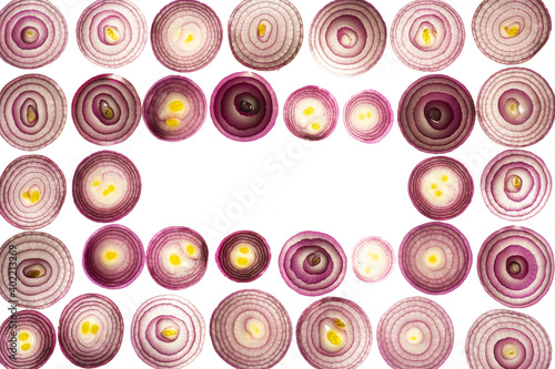 sliced red onions set isolated on white background top view