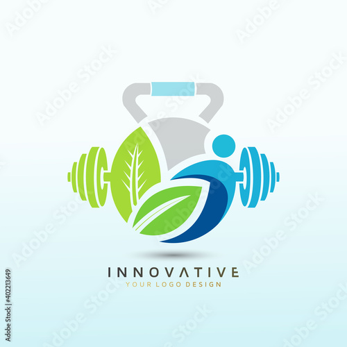 Leaf and yoga fitness logo design, dumbbell icon, Fitness Logo Stock Vector Illustration, Gym Logo Vector Art and Graphics