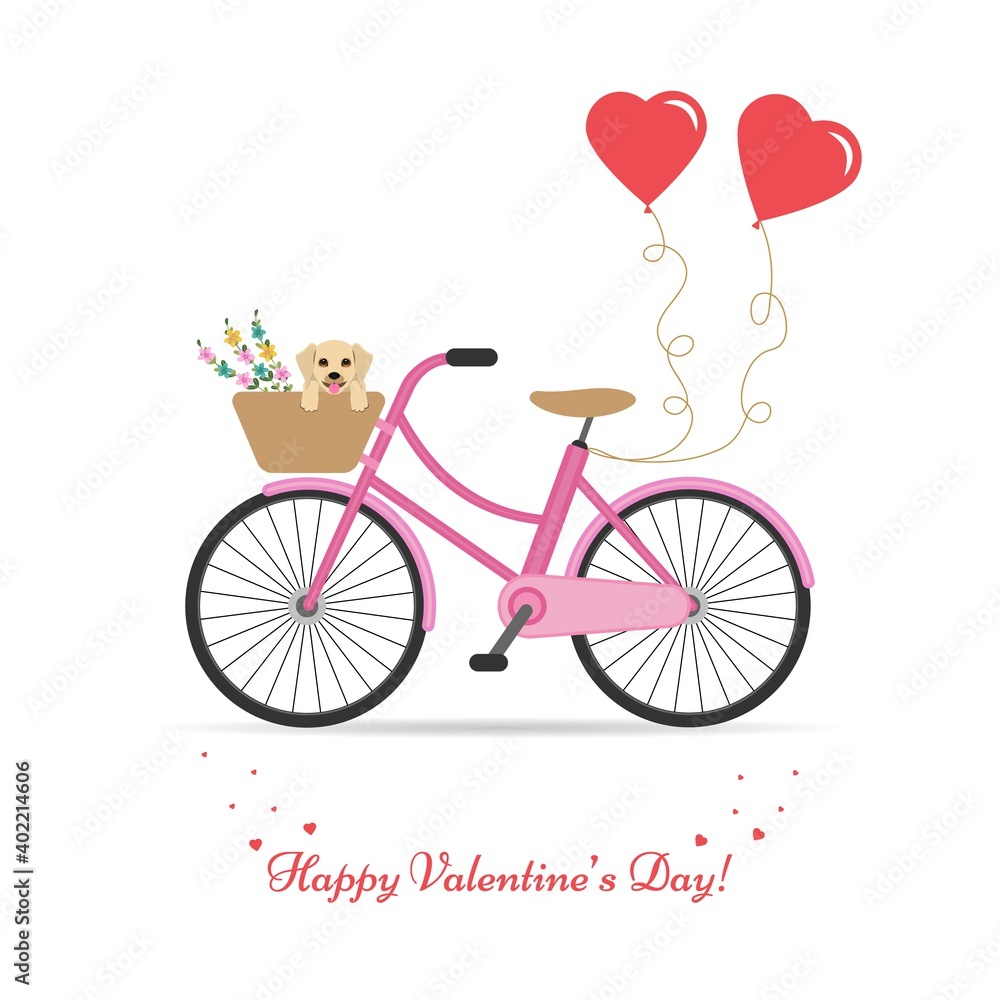 Happy Valentine's Day greeting card. Pink bike with a basket of flowers and a cute puppy. Two red heart-shaped balloons. Vector illustration isolated on white background. Happy Valentine's Day greeting card. Pink bike with a basket of flowers and a cute puppy. Two red heart-shaped balloons. Vector illustration isolated on white background.