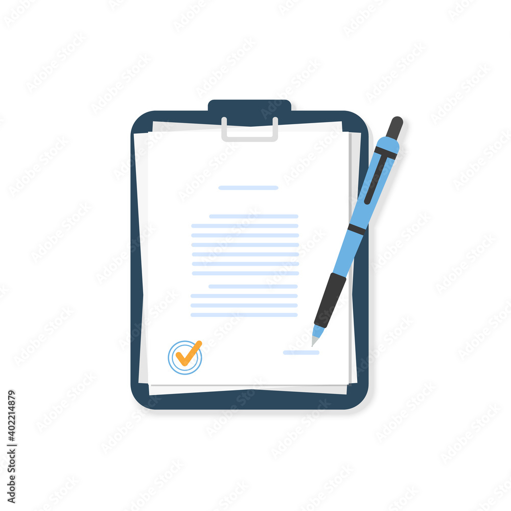 Documents from with pen on a blue folder. Agreement. Contract with a seal. Stack of agreements document with signature and approval stamp. Flat style. Vector illustration Documents from with pen on a blue folder. Agreement. Contract with a seal. Stack of agreements document with signature and approval stamp. Flat style. Vector illustration
