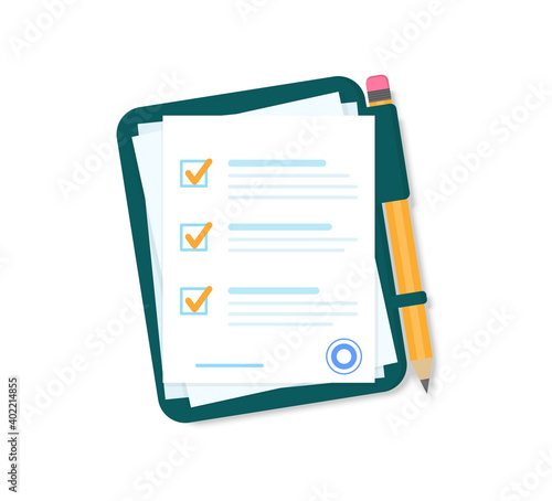 Documents from with pencil on a green folder. Agreement. Contract with a seal. Stack of agreements document with signature and approval stamp. Flat style. Vector illustration