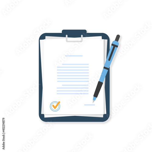 Documents from with pen on a blue folder. Agreement. Contract with a seal. Stack of agreements document with signature and approval stamp. Flat style. Vector illustration