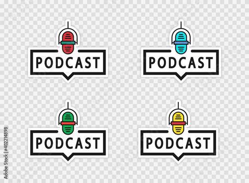 Podcast icons set in bright colors with shadow on transparent background. Design for logo, badge, stamp and podcast sticker. User interface. Vector illustration.