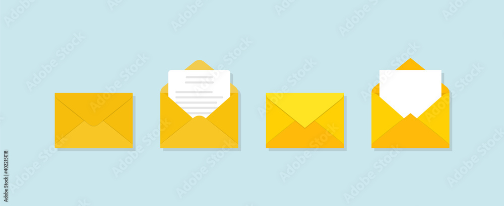 Set of yellow envelopes in a different views on blue background. Paper envelope mockups. Set of icons depicting a closed letter. Paper document in an envelope. Delivery of correspondence. Mail icon. Set of yellow envelopes in a different views on blue background. Paper envelope mockups. Set of icons depicting a closed letter. Paper document in an envelope. Delivery of correspondence. Mail icon.