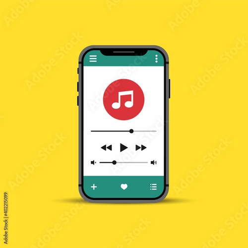 Mobile music player. Smartphone player. Template media player, app interface. Smartphone music player user interface concept. Vector illustration.