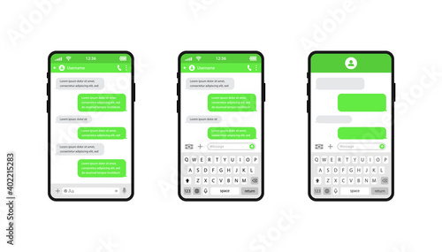 Smart phones chatting sms template bubbles. Chat templates, message, phones and speech bubbles green colour in flat style. Social media design concept. Sms template bubbles for compose dialogues.