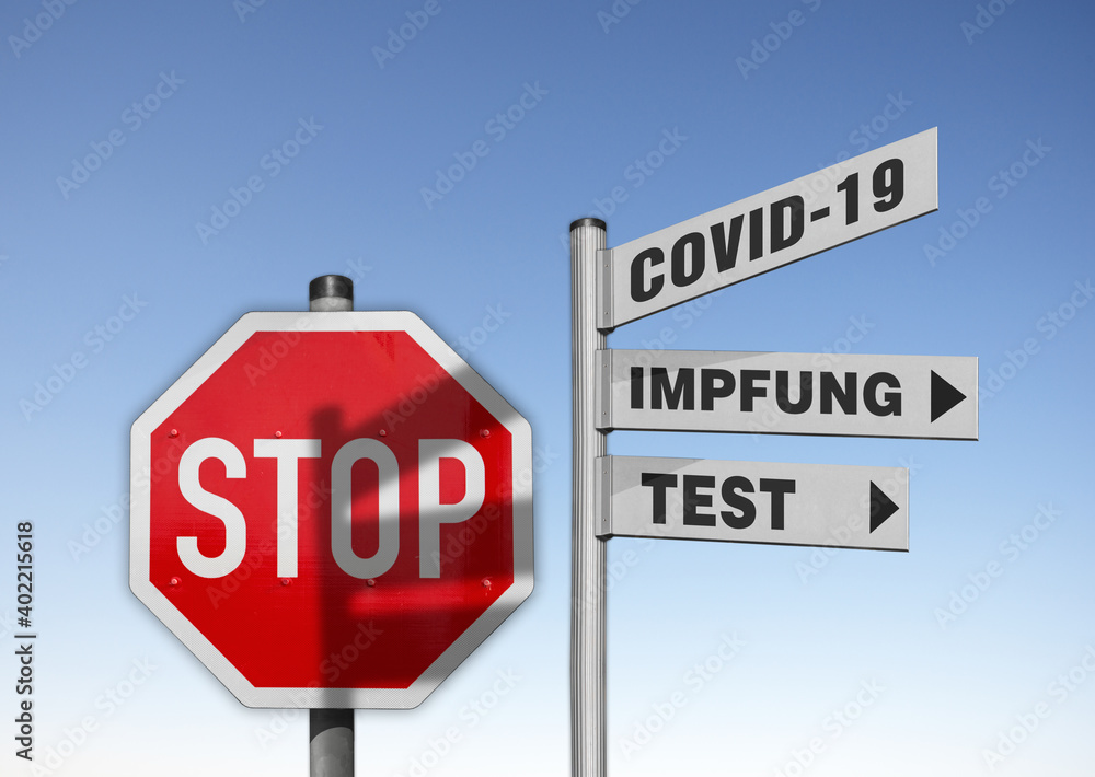 Obraz premium Stop, Covid-19, Wegweiser