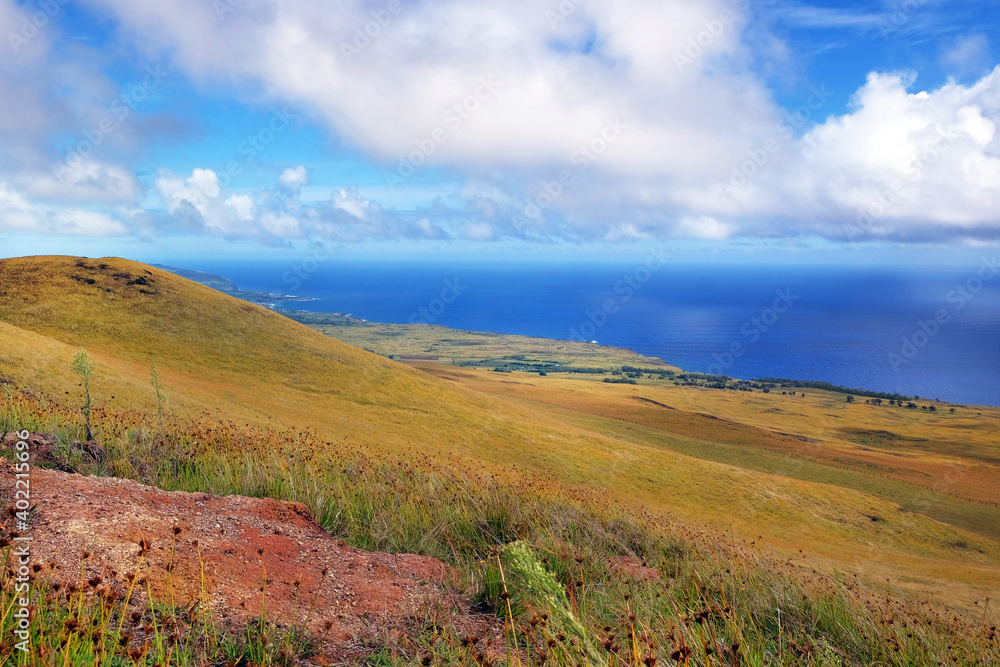 Panoramic view from the slopes of the Terevaka Volcano on Easter Island, showing green vegetation and the ocean against a blue sky.