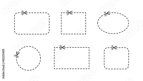 Set of cutting scissors with cut lines for cutting paper in flat style. Cut out sign, symbol, icon. Cut out place. Paper cut black card. Discount coupon. Black shape silhouette sign.
